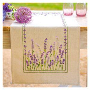 Kit Chemin de table écru lin 35x95 cm, broderie au point tige Lavande nappe pré-imprimé