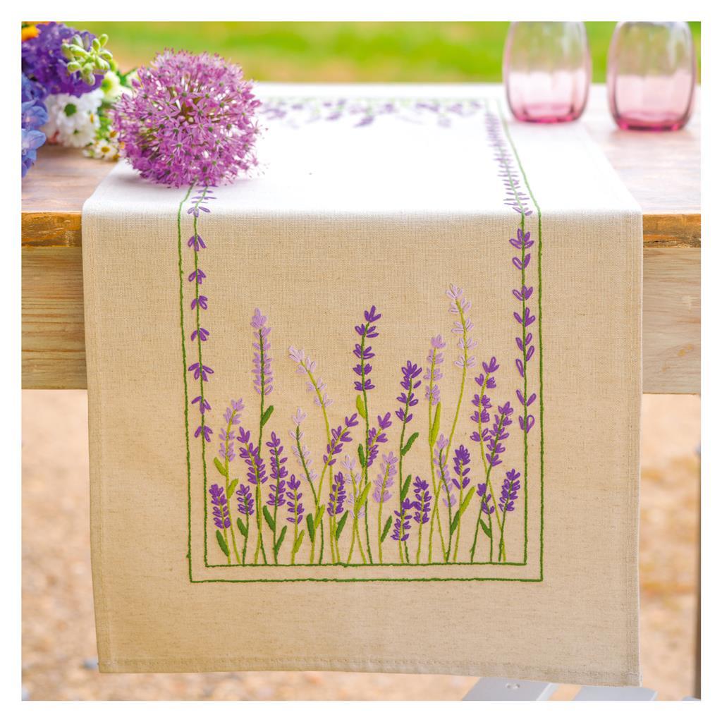 Kit Chemin de table écru lin 35x95 cm, broderie au point tige Lavande nappe pré-imprimé