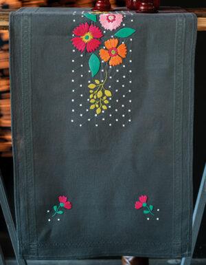 Kit Chemin de table fris foncé 40x100 cm, broderie au point de tige Fleurs multicolores, nappe pré-imprimé