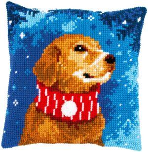 Kit Coussin imprimé Chien avec écharpe 40x40cm au point croix canevas grosse trame
