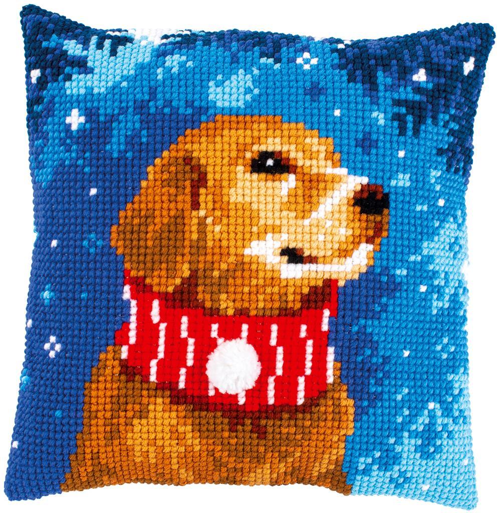 Kit Coussin imprimé Chien avec écharpe 40x40cm au point croix canevas grosse trame
