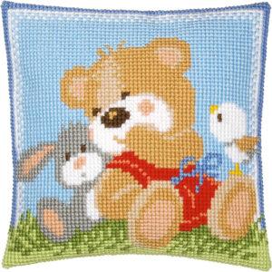 Kit Coussin imprimé Ours, lièvre et oiseau 40x40cm au point croix canevas grosse trame