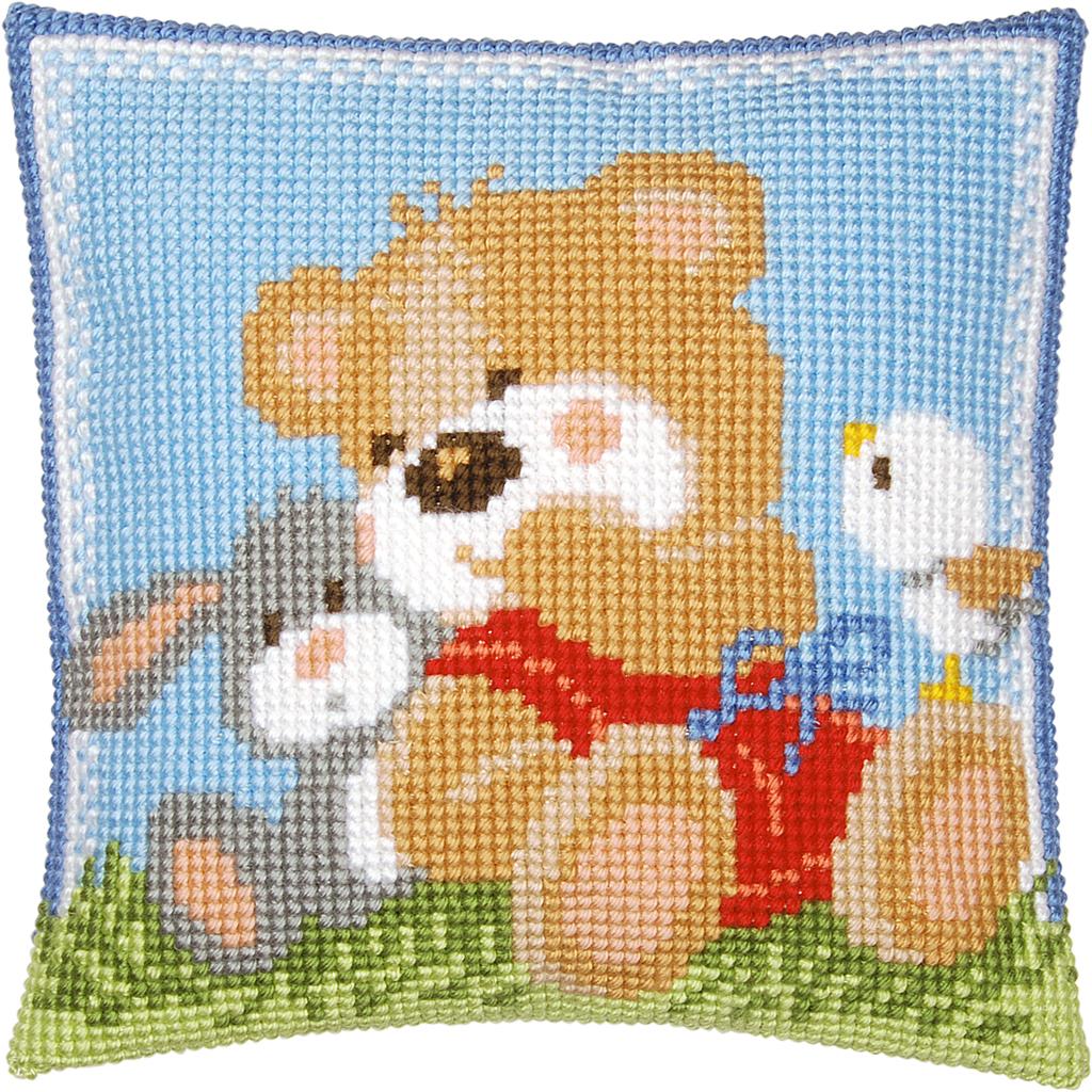 Kit Coussin imprimé Ours, lièvre et oiseau 40x40cm au point croix canevas grosse trame