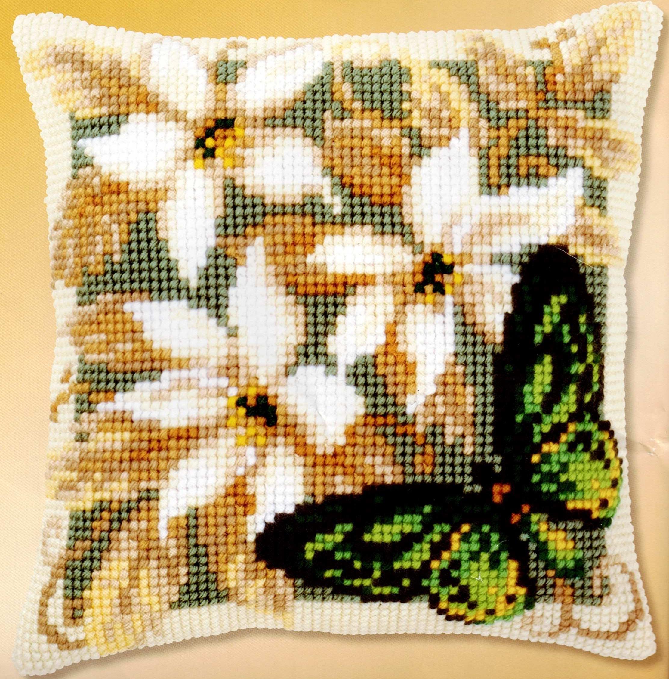 Kit Coussin imprimé Papillon vert 40x40cm au point croix canevas grosse trame