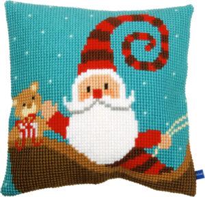 Kit Coussin imprimé Père Noël traîneau 40x40cm au point croix canevas grosse trame