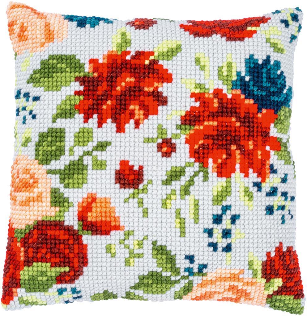 Kit Coussin imprimé Pivoines 40x40cm au point croix canevas grosse trame