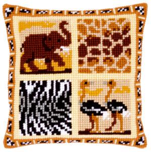 Kit Coussin imprimé Safari 40x40cm au point croix canevas grosse trame