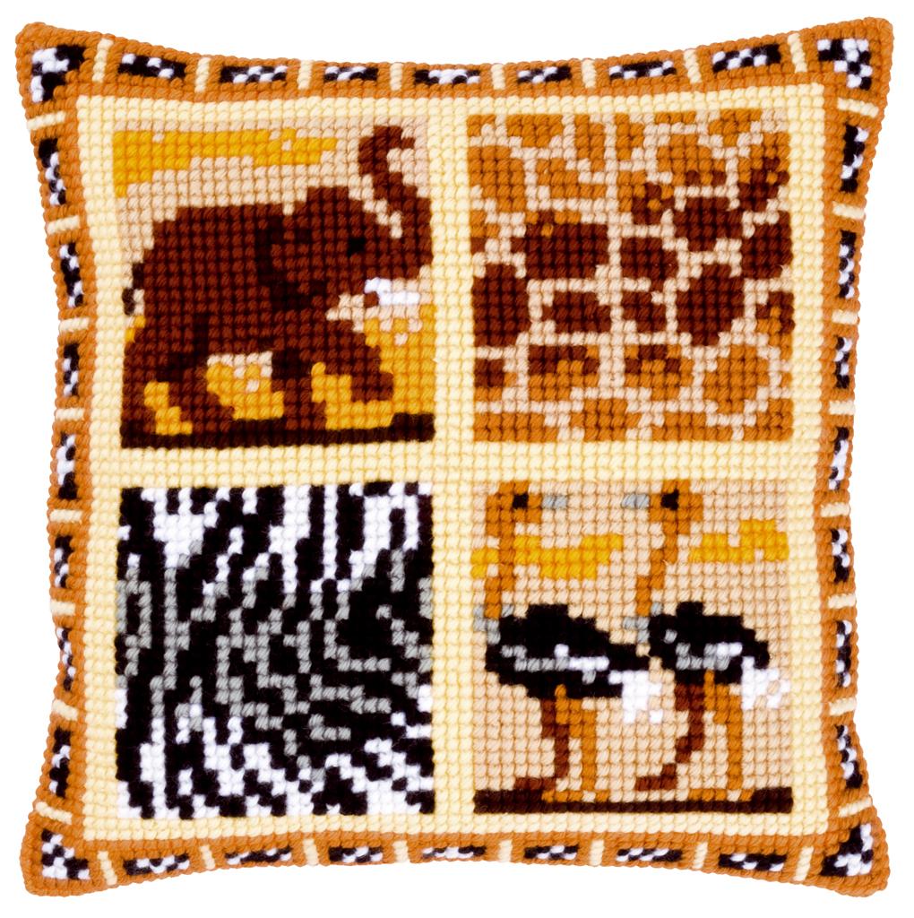Kit Coussin imprimé Safari 40x40cm au point croix canevas grosse trame