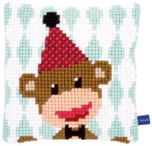 Kit Coussin imprimé Singe de cirque 25x25cm au point croix canevas grosse trame
