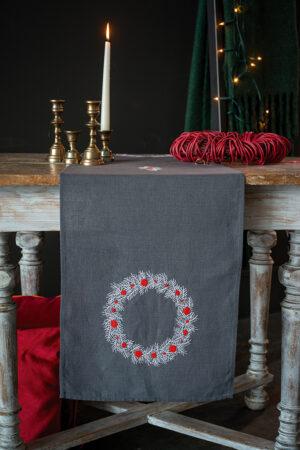 Chemin de table Noël gris foncé 38x138 cm, kit complet, broderie au point tige avec des couronnes nappe pré-imprimé